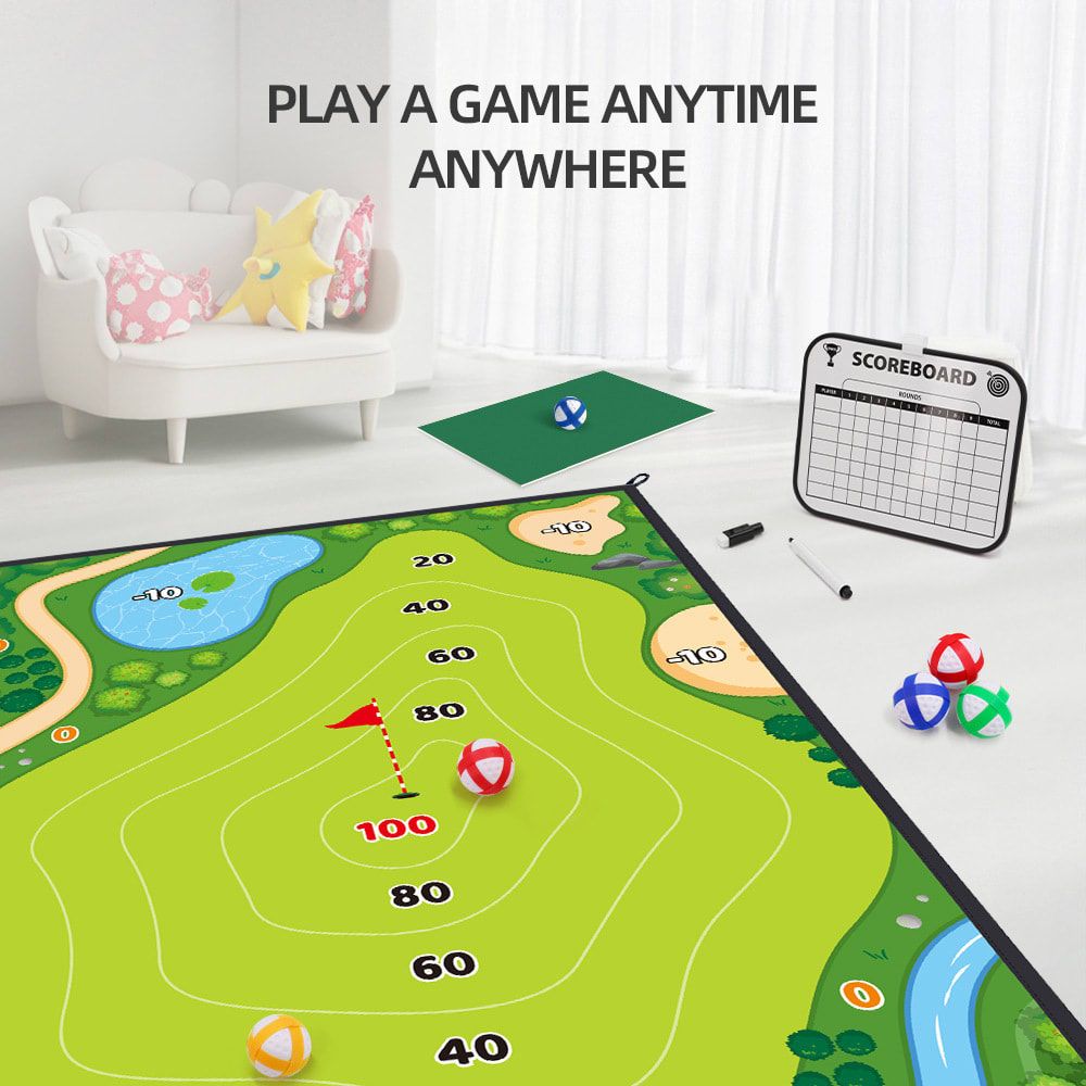 3-in-1 Kids Golf Putting & Tossing Game Set for Indoor/Outdoor Family Fun – Includes Stainless Steel Putter, Cloth Mat, Soft Balls, Beanbags, and Rings for Interactive Play (B)