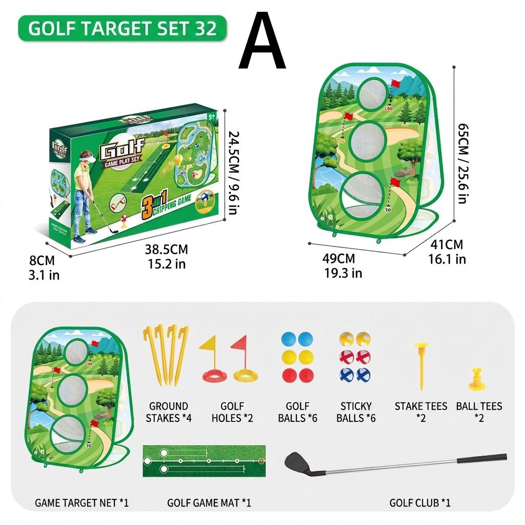 3-in-1 Kids Golf Putting & Tossing Game Set for Indoor/Outdoor Family Fun – Includes Stainless Steel Putter, Cloth Mat, Soft Balls, Beanbags, and Rings for Interactive Play (B)