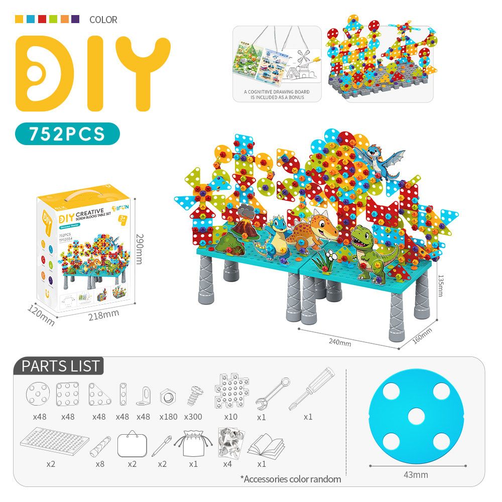 DIY Creative Screw Puzzle Building Block Table Set for Kids Ages 3+ – Educational STEM Toy with Colorful Plastic Pieces, Tools, and Bonus Drawing Board for Home Play and Skill Development (379PCS, Dinosaur)