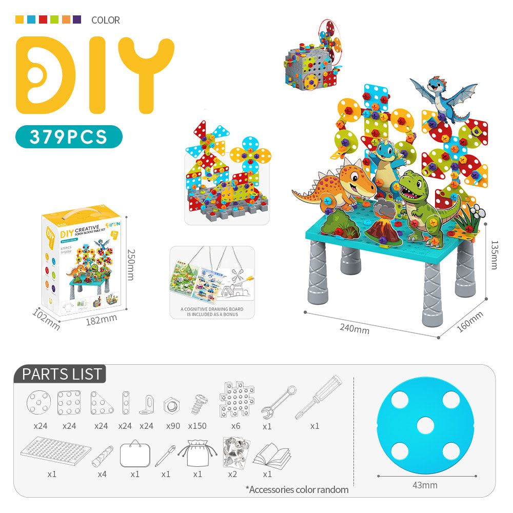 DIY Creative Screw Puzzle Building Block Table Set for Kids Ages 3+ – Educational STEM Toy with Colorful Plastic Pieces, Tools, and Bonus Drawing Board for Home Play and Skill Development (379PCS, Engineering)