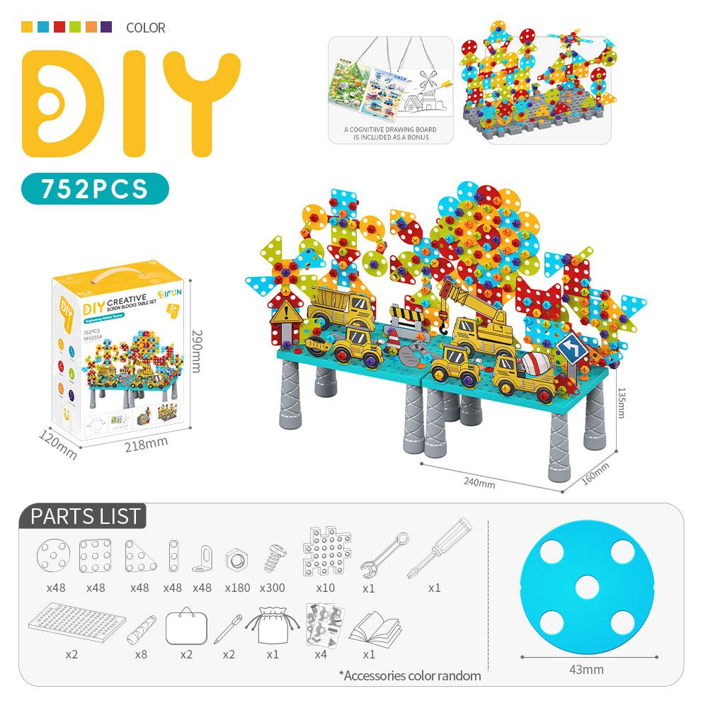 DIY Creative Screw Puzzle Building Block Table Set for Kids Ages 3+ – Educational STEM Toy with Colorful Plastic Pieces, Tools, and Bonus Drawing Board for Home Play and Skill Development (379PCS, Engineering)