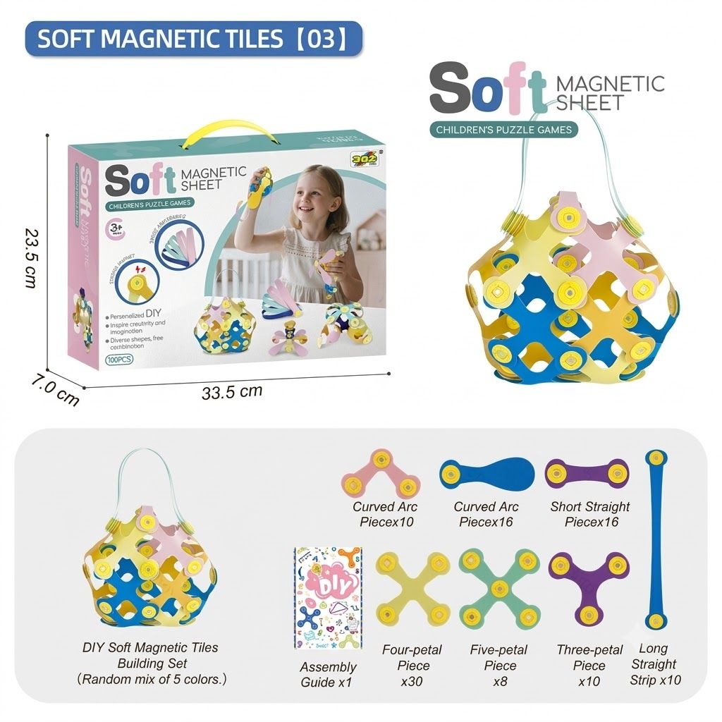 Kids 3D Soft Magnetic Building Tiles Toy Set, Creative DIY Puzzle Blocks for Ages 3+ - Develops Fine Motor Skills & Imagination, Ideal Birthday Gift for Girls, Home Play STEM Learning Kit (32PCS)