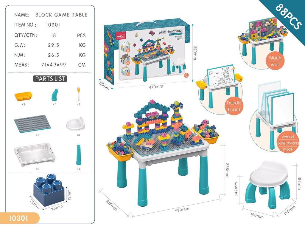 Multifunctional Kids Building Block Table Set with Storage, Compatible with 3-6 Year Olds, Includes Chair and 88-380PCS Colorful Bricks, Ideal for Learning, Drawing, Sand & Water Play (108PCS)