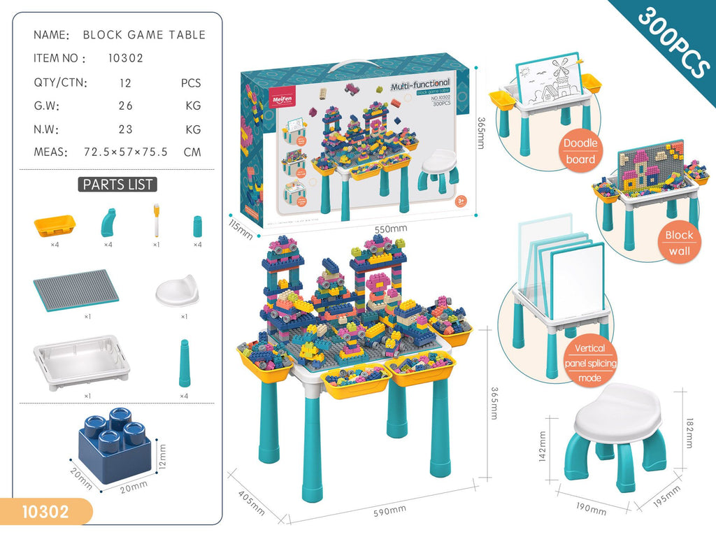 Multifunctional Kids Building Block Table Set with Storage, Compatible with 3-6 Year Olds, Includes Chair and 88-380PCS Colorful Bricks, Ideal for Learning, Drawing, Sand & Water Play (300PCS)