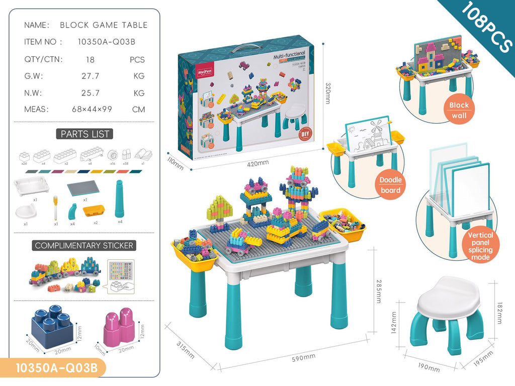 Multifunctional Kids Building Block Table Set with Storage, Compatible with 3-6 Year Olds, Includes Chair and 88-380PCS Colorful Bricks, Ideal for Learning, Drawing, Sand & Water Play (300PCS)