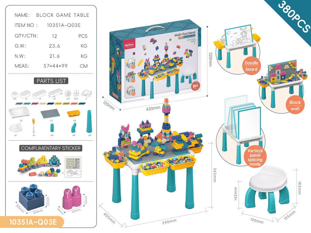 Multifunctional Kids Building Block Table Set with Storage, Compatible with 3-6 Year Olds, Includes Chair and 88-380PCS Colorful Bricks, Ideal for Learning, Drawing, Sand & Water Play (300PCS)