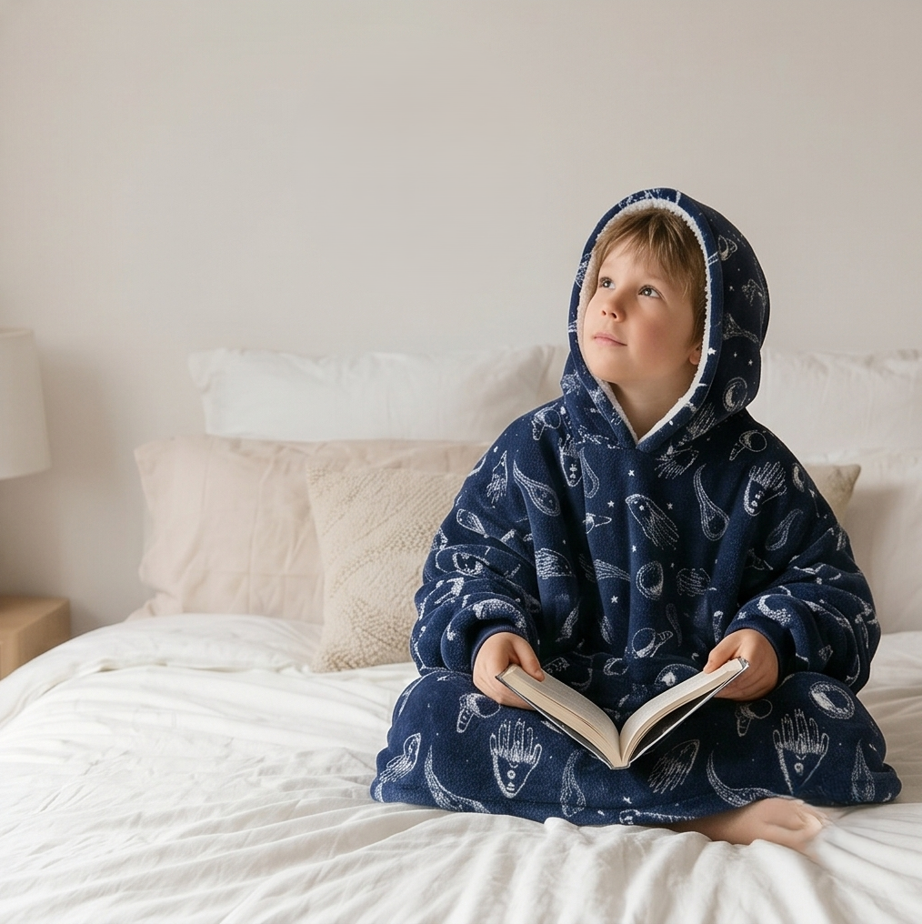 Kids Oversized Giant Wearable Blanket Hoodie Sherpa Fleece Sweatshirt Pullover - Navy Space - One Size Fits All (AU/EU)