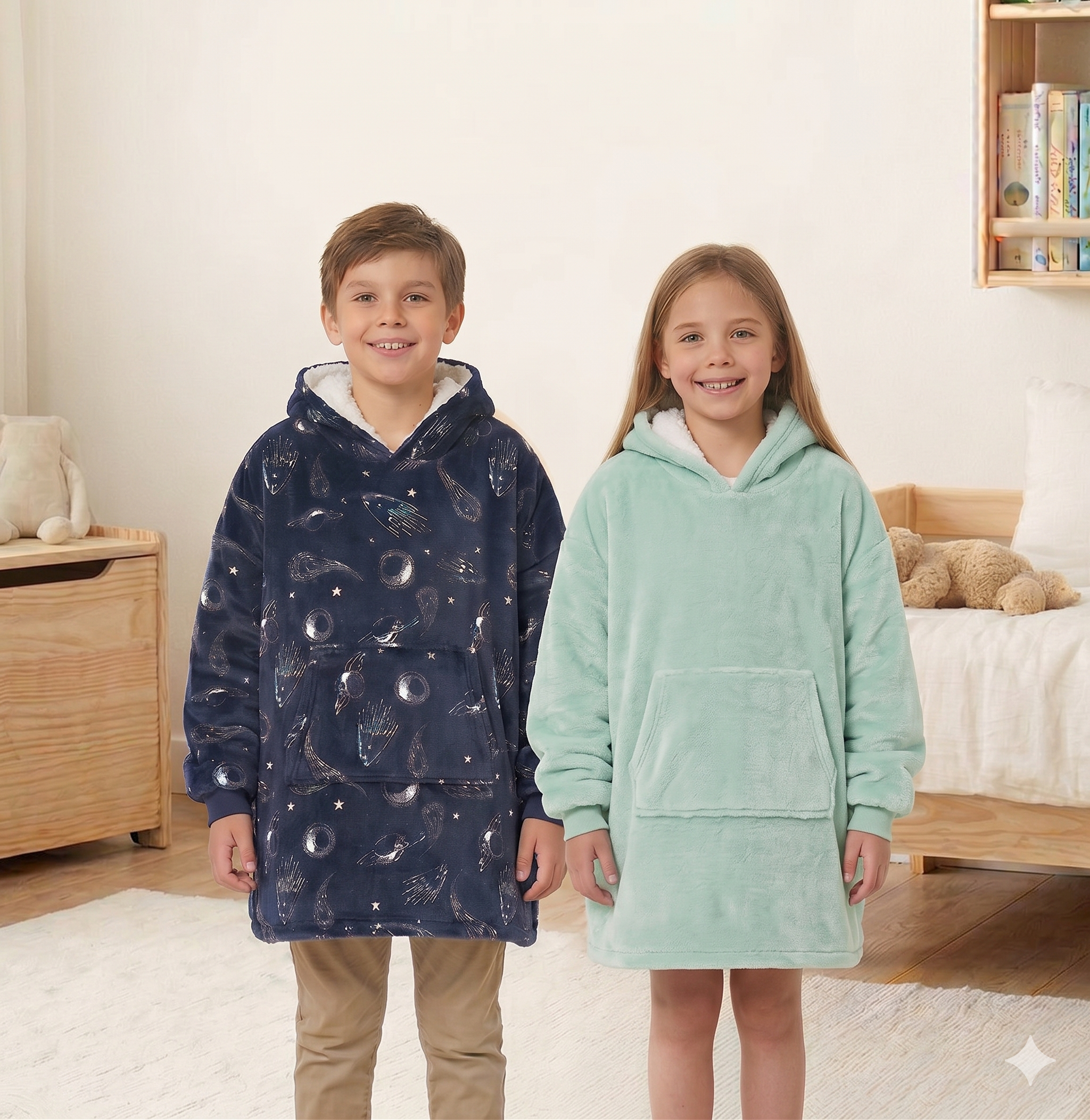 Kids Oversized Giant Wearable Blanket Hoodie Sherpa Fleece Sweatshirt Pullover - Navy Space - One Size Fits All (AU/EU)