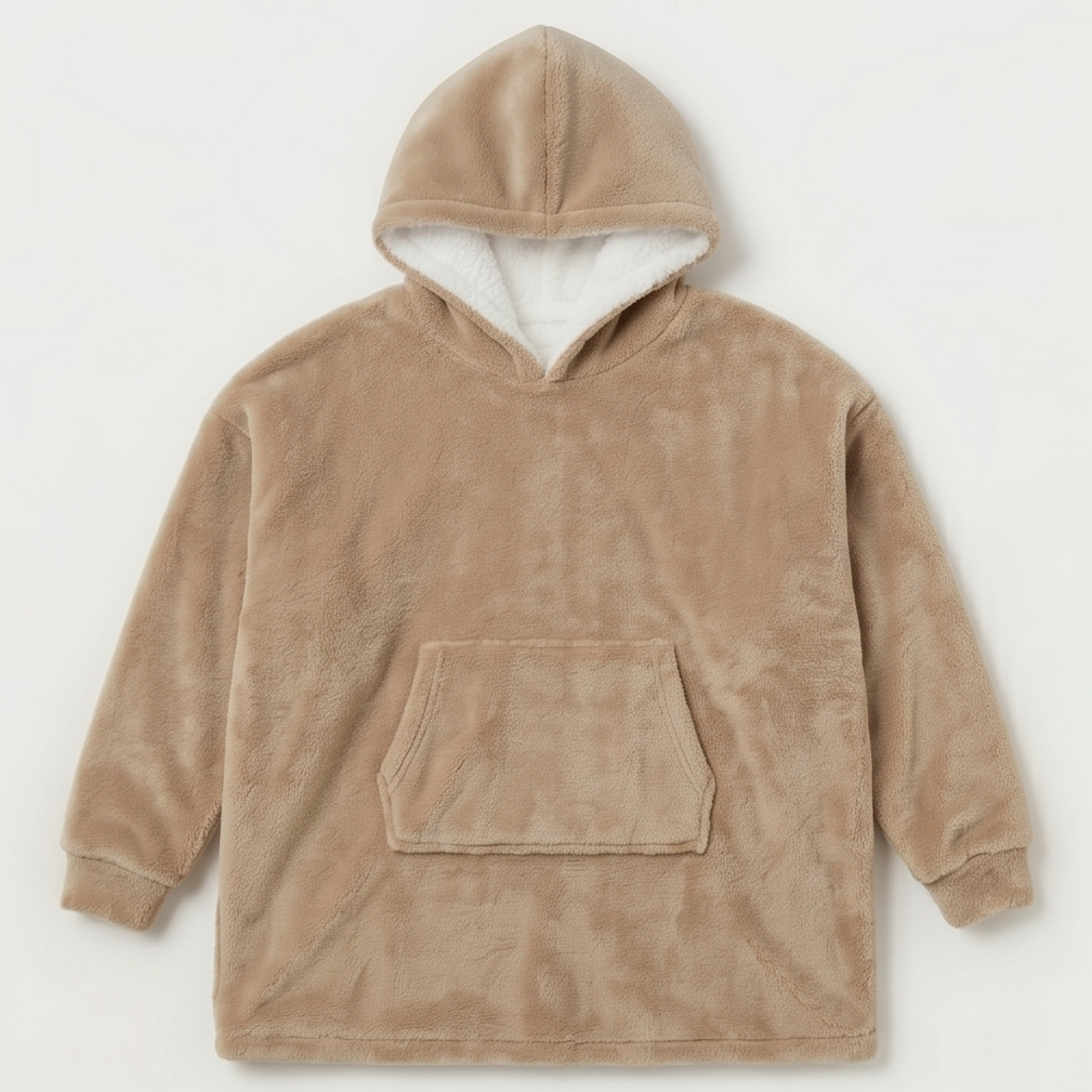 Kids Oversized Giant Wearable Blanket Hoodie Sherpa Fleece Sweatshirt Pullover - Solid Beige Colour - One Size Fits All (AU/EU)