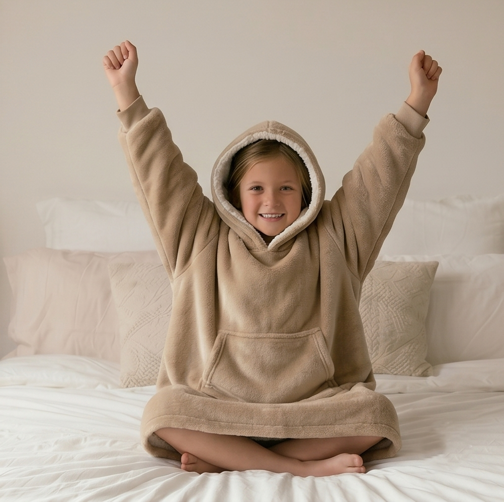 Kids Oversized Giant Wearable Blanket Hoodie Sherpa Fleece Sweatshirt Pullover - Solid Beige Colour - One Size Fits All (AU/EU)