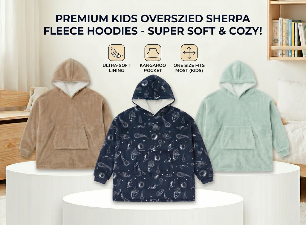 Kids Oversized Giant Wearable Blanket Hoodie Sherpa Fleece Sweatshirt Pullover - Solid Beige Colour - One Size Fits All (AU/EU)