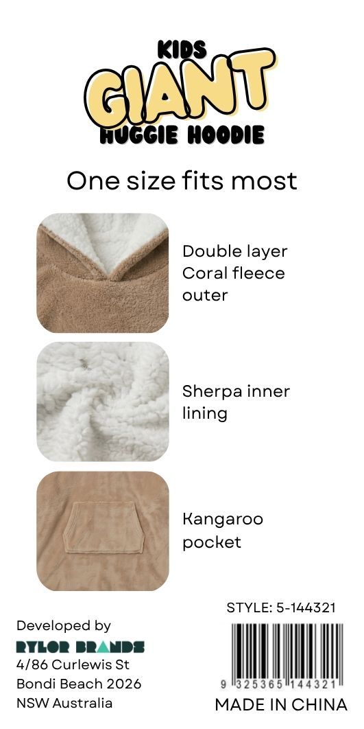 Kids Oversized Giant Wearable Blanket Hoodie Sherpa Fleece Sweatshirt Pullover - Solid Beige Colour - One Size Fits All (AU/EU)