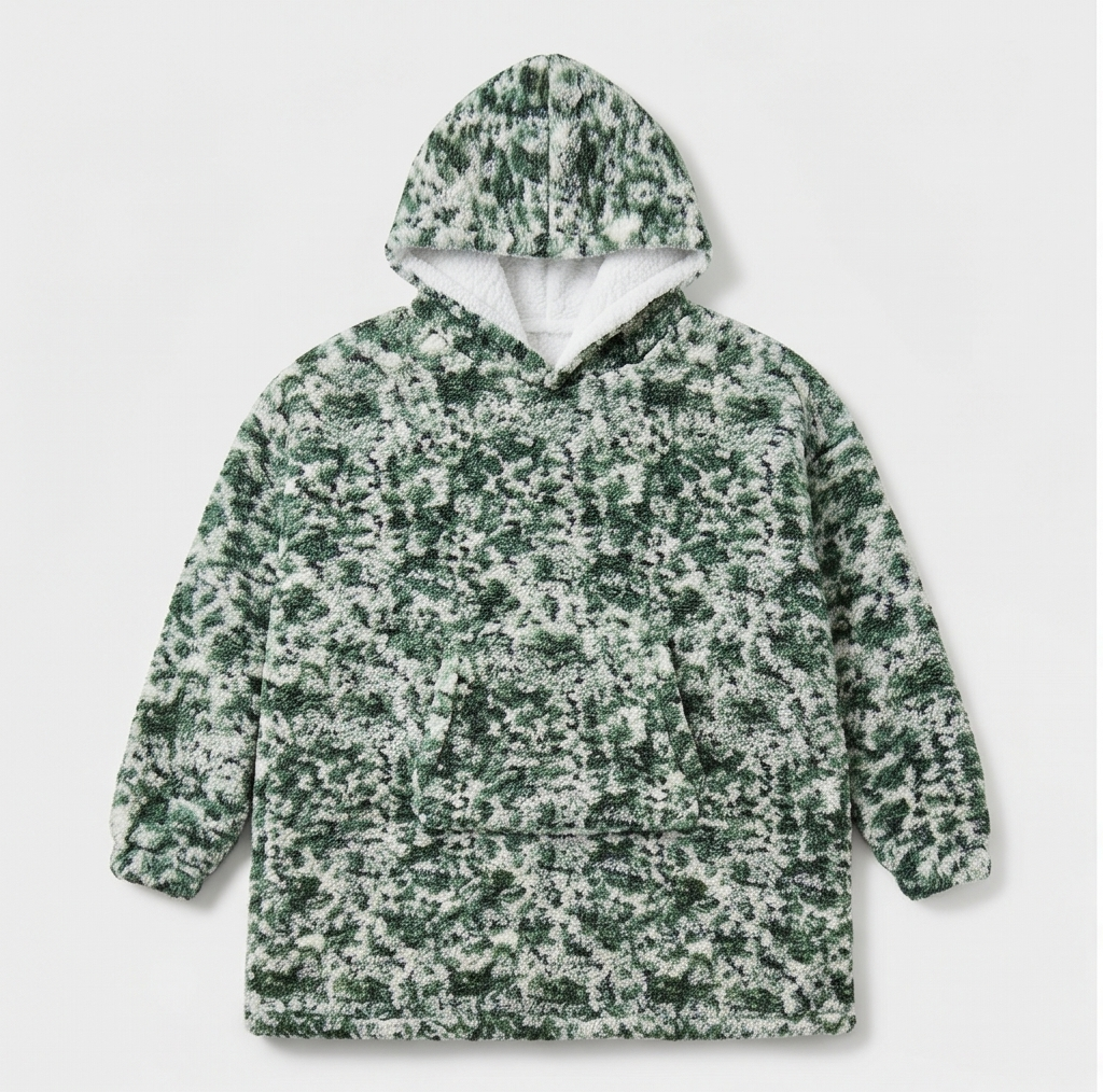Kids Oversized Giant Wearable Blanket Hoodie Sherpa Fleece Sweatshirt Pullover - Green Camo - One Size Fits All (AU/EU)