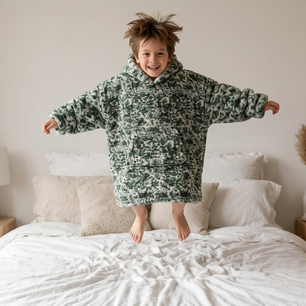 Kids Oversized Giant Wearable Blanket Hoodie Sherpa Fleece Sweatshirt Pullover - Green Camo - One Size Fits All (AU/EU)