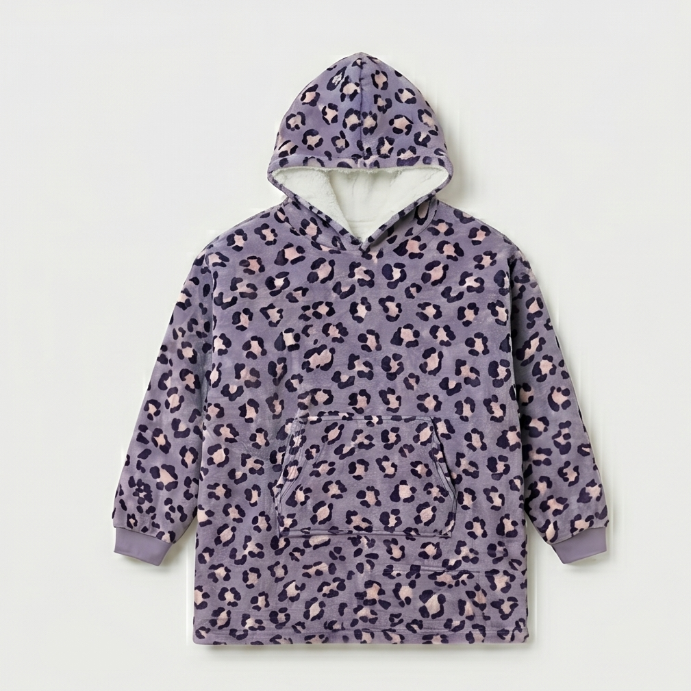 Kids Oversized Giant Wearable Blanket Hoodie Sherpa Fleece Sweatshirt Pullover - Purple Leopard - One Size Fits All (AU/EU)