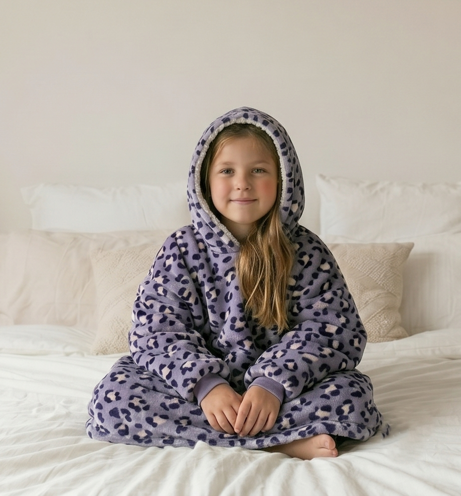 Kids Oversized Giant Wearable Blanket Hoodie Sherpa Fleece Sweatshirt Pullover - Purple Leopard - One Size Fits All (AU/EU)