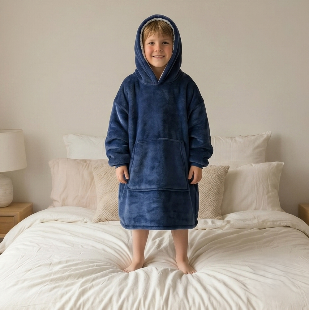 Kids Oversized Giant Wearable Blanket Hoodie Sherpa Fleece Sweatshirt Pullover - Solid Navy Blue Colour - One Size Fits All (AU/EU)