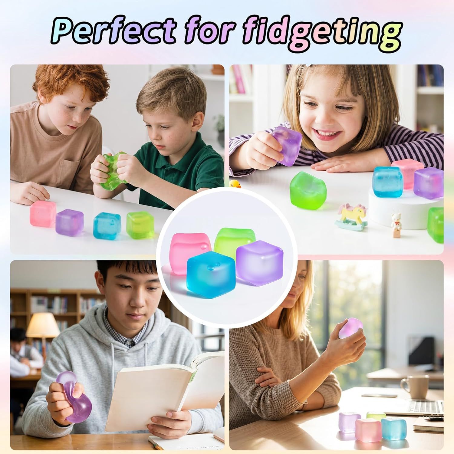 Ice Cube Squishy Toy 5.5*5.5cm Slow Rising Stress Relief Fidget Toy Soft Squeeze Sensory Toy for Kids and Adults(Pink)