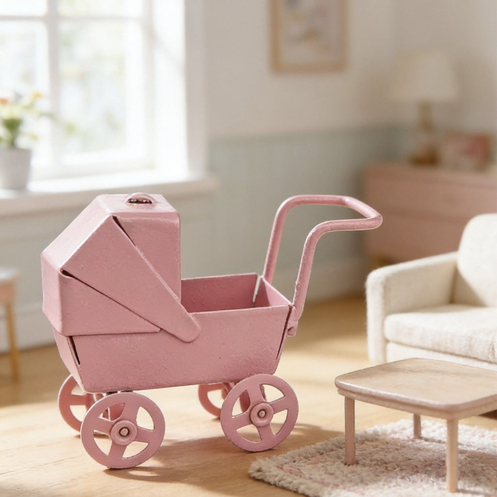 Adorable Baby Decorative Stroller Carriage Basket, Pink,Mini model scene accessories props Iron baby stroller