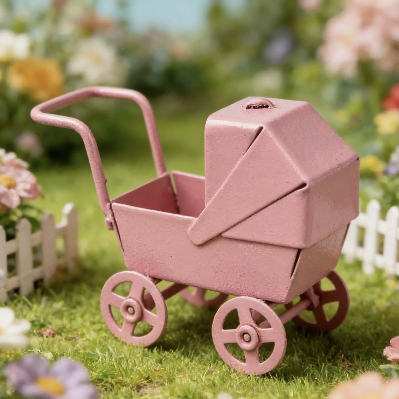 Adorable Baby Decorative Stroller Carriage Basket, Pink,Mini model scene accessories props Iron baby stroller