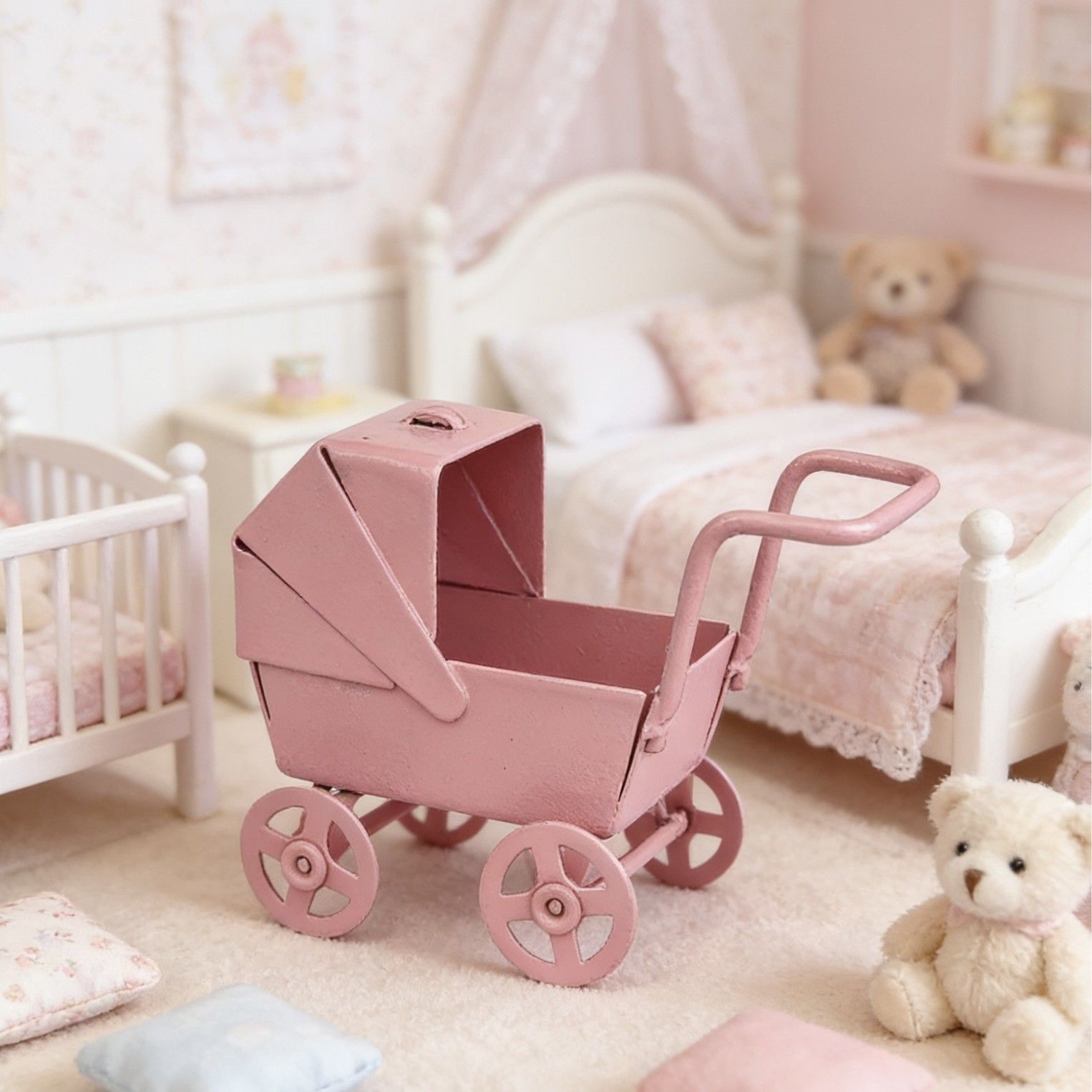 Adorable Baby Decorative Stroller Carriage Basket, Pink,Mini model scene accessories props Iron baby stroller