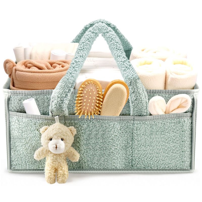Light Green Large Capacity Plush Baby Diaper Caddy Storage Tote, Foldable Nursery Organizer Bag and Mommy Handbag with Muti Pockets, 4 Adjustable Dividers and Teddy Charm for Travel & Home Use (15.3 x 10.6 x 7")