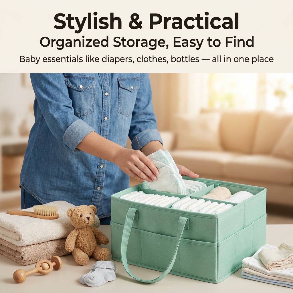 White Large Capacity Plush Baby Diaper Caddy Storage Tote, Foldable Nursery Organizer Bag and Mommy Handbag with Muti Pockets, 4 Adjustable Dividers and Teddy Charm for Travel & Home Use (15.3 x 10.6 x 7")